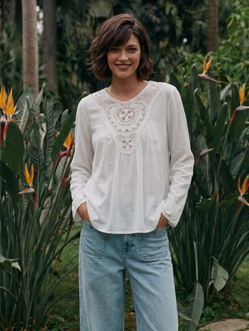 Zara White Crochet Yoke Long Sleeve Linen Blouse